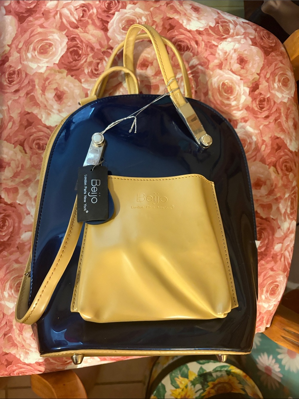 Beijo Navy and Mustard Patent Dome Backpack Tote